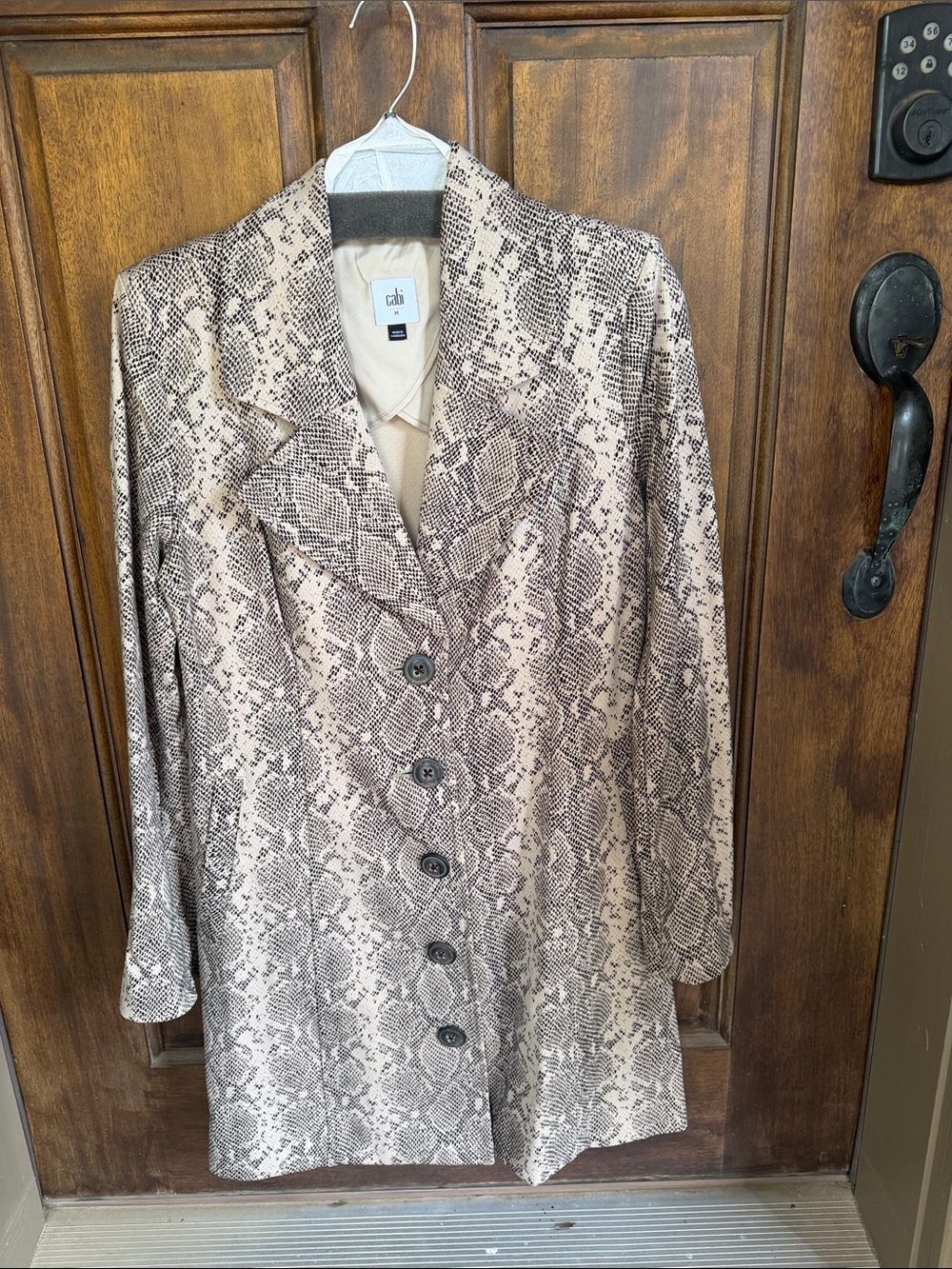 CAbi King Cobra Beige and Brown Snake-Print Button-Front Trench Coat